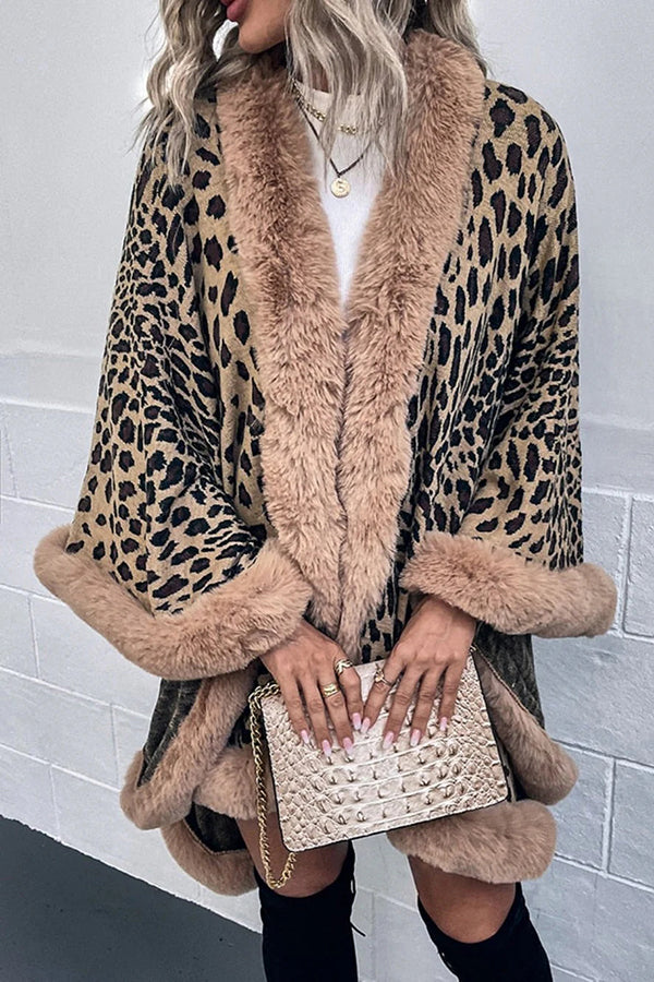 Leopard Print Fashionable Raw Edge Shawl Cape Cardigan