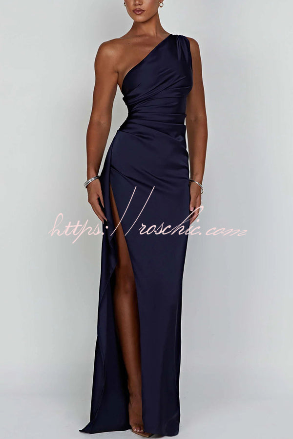 Fits Your Curves Satin One Shoulder Drape Slit Maxi Dress