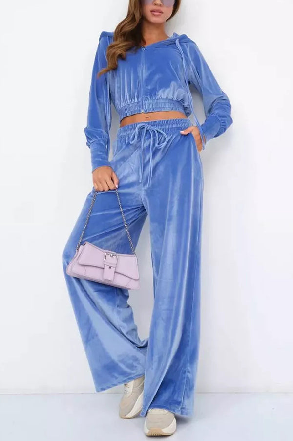 Solid Color Velvet Hooded Zip-up Sweatshirt and Elastic Waist Casual Pocket Straight-leg Pants Set