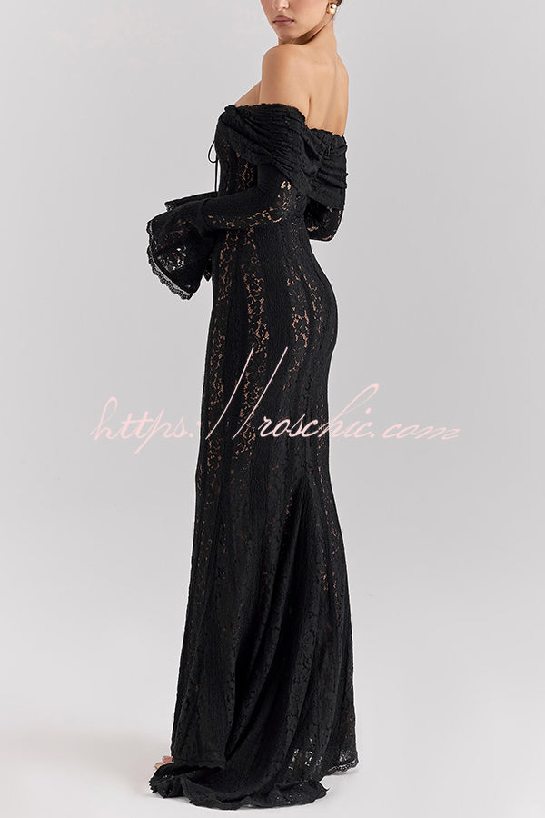 Outline The Curve Floral Lace Off Shoulder Bell Sleeve Stretch Maxi Dress