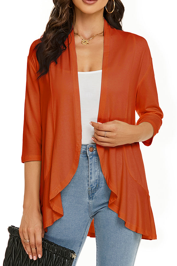 Solid Color Casual Three-quarter Sleeve Ruffled Loose Cardigan