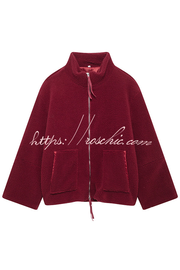 Solid Color Stitching High Collar Long Sleeve Loose Pocket Woolen Coat