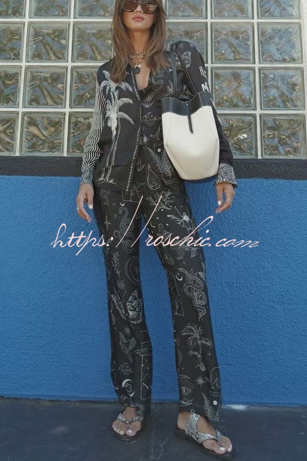 Black Magic Satin Unique Print Long Sleeve Blouse and Elastic Waist Pocket Wide Leg Pants Set