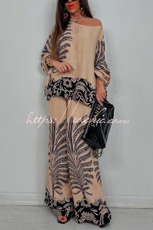 Unique Print Loose Drawstring Long Sleeve Top and Elastic Waist Casual Pocket Wide Leg Pants Set