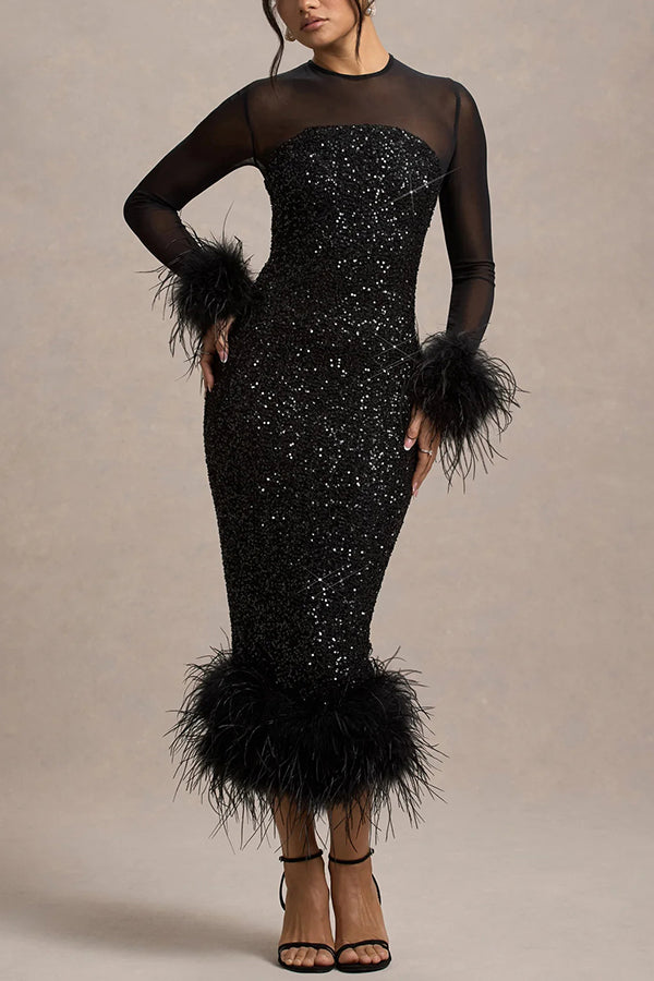 Sequin Mesh Patchwork Feather Hem Bodycon Dress - Zeagoo Black / L Sequin Mesh Patchwork Feather Hem Bodycon Dress - Zeagoo Black / L