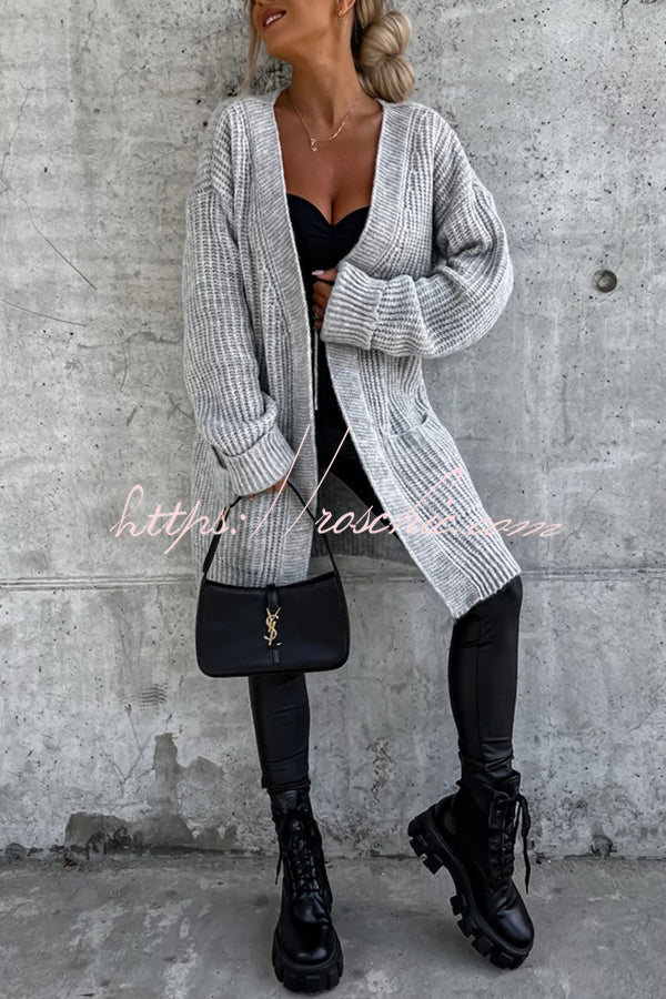 Solid Color Striped Pocket Long Sleeve Cardigan