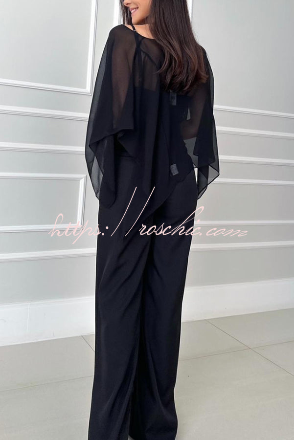 Vanie Chiffon Cape Batwing Sleeve Top and High Waist Pocket Wide Leg Pants Set