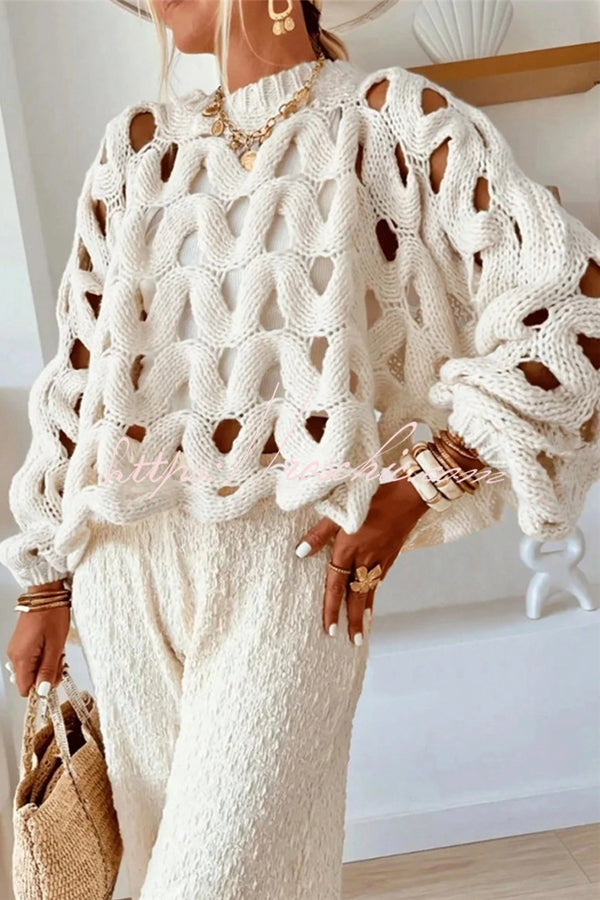 Solid Color Casual Hollow Long-sleeved Holiday Knitted Sweater