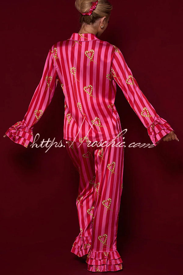 Festive Season Long Candy Stripe Tiered Bell Cuffs Elastic Waist Pocketed Pajama Set