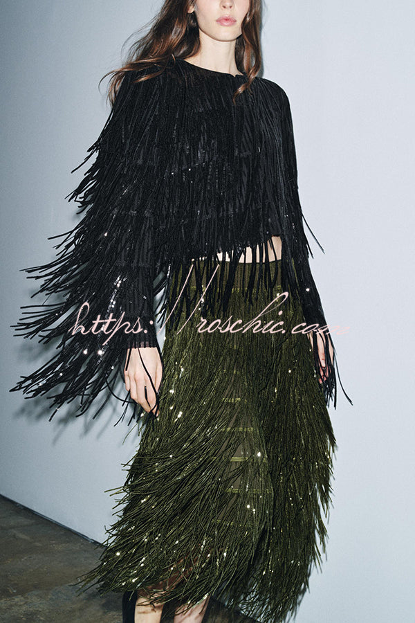 Party Crasher Layered Sequined Tassels High Rise Back Zipper Midi Skirt (Shipped Within 24 Hours)