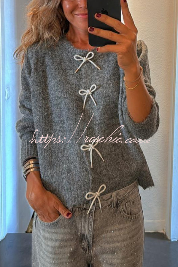 Paris Mornings Knit Front Bow Design Long Sleeve Relaxed Cardigan