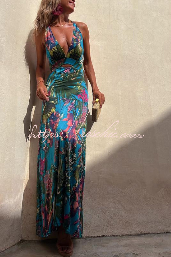 Rainforest Paradise Tropical Print Cutout Back Crossover Stretch Maxi   roschic