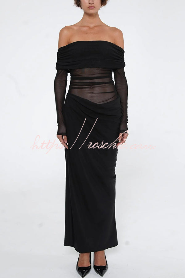 Exquisite Sexy Mesh Patchwork Off Shoulder Cutout Ruched Maxi Dress