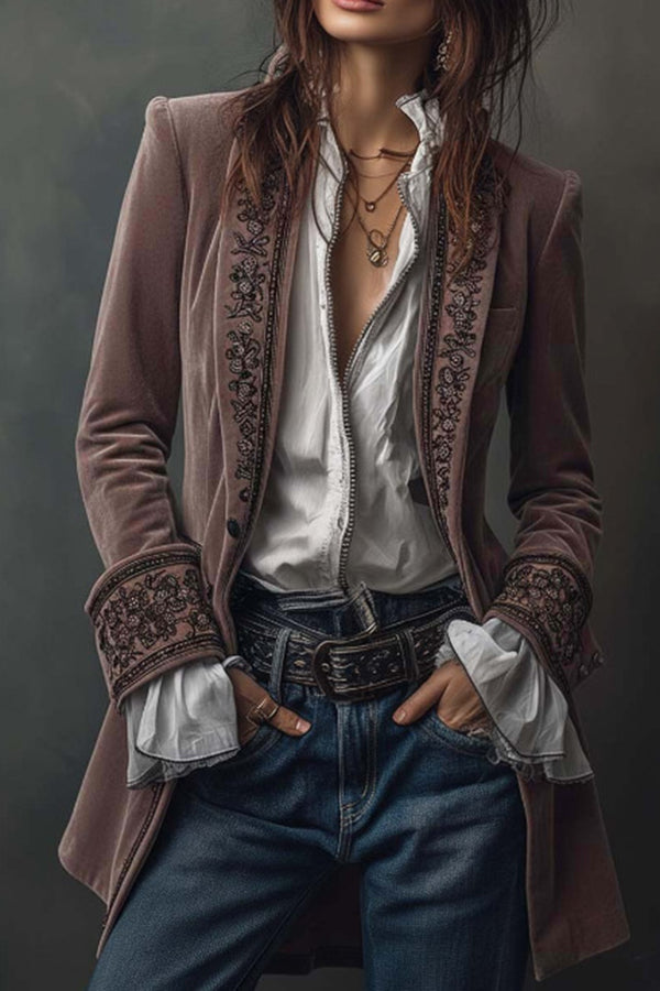 Gold Velvet Patchwork Printed Edge Long-sleeved Casual Jacket