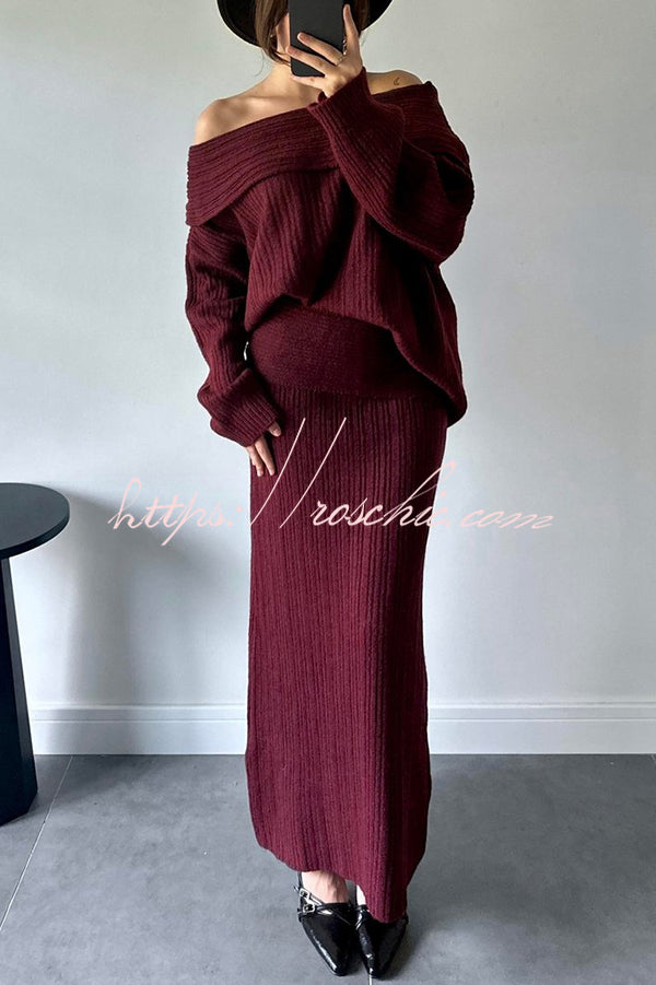 Luka Ribbed Knit Off Shoulder Long Sleeve Sweater and Stretch Maxi Skirt Set