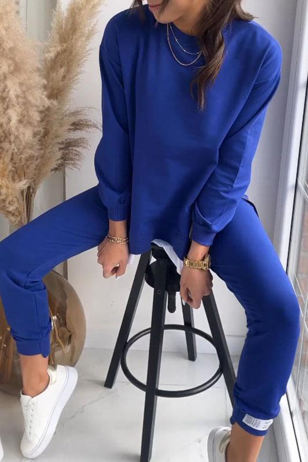 Solid Color Round Neck Long-sleeved Sweatshirt and Elastic Waist Pants Set