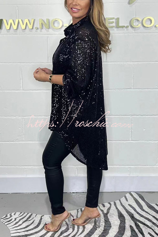 Party Season Solid Color Sequin Button Long Sleeve High Low Shirt