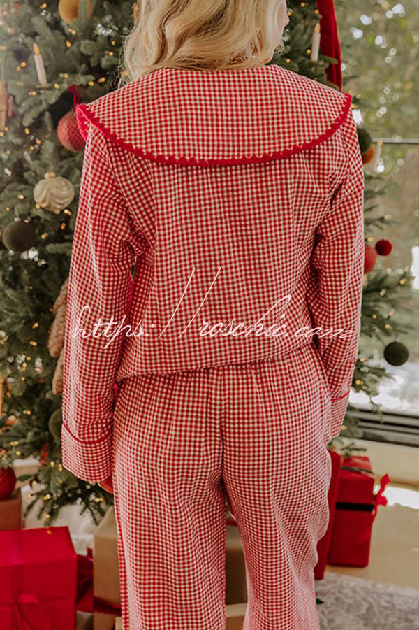Nutcracker Charm Embroidered Gingham Loose Shirt and Elastic Waist Pajama Set