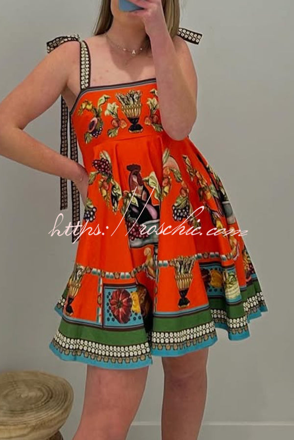 Linen Blend Unique Print Suspender Tie Casual Mini Dress