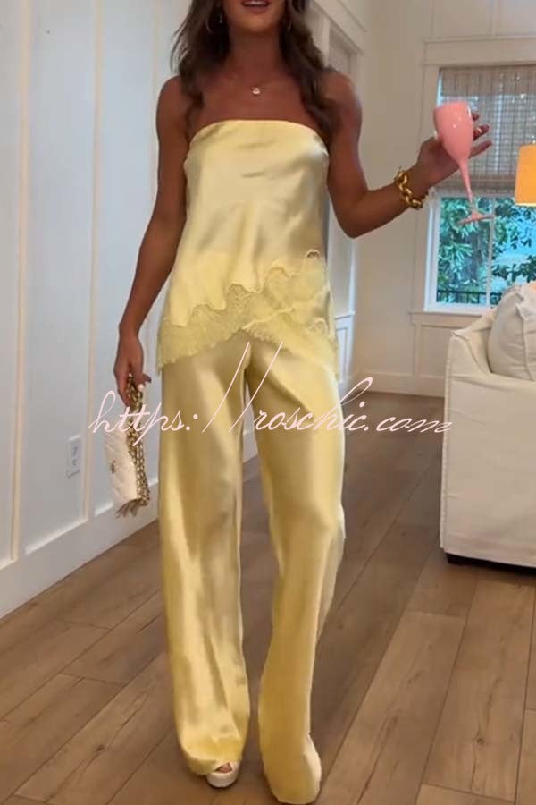 Odessa Satin Floral Lace Hem Strapless Tank and Mid Rise Wide Leg Pants Set