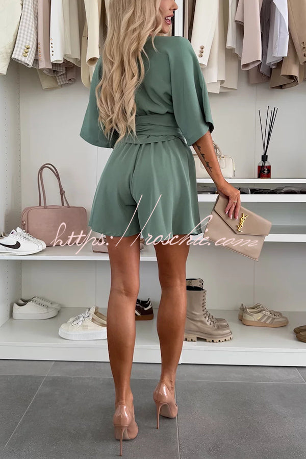 Stylish Comfortable V-neck Wide Sleeve Tie-up Loose Romper