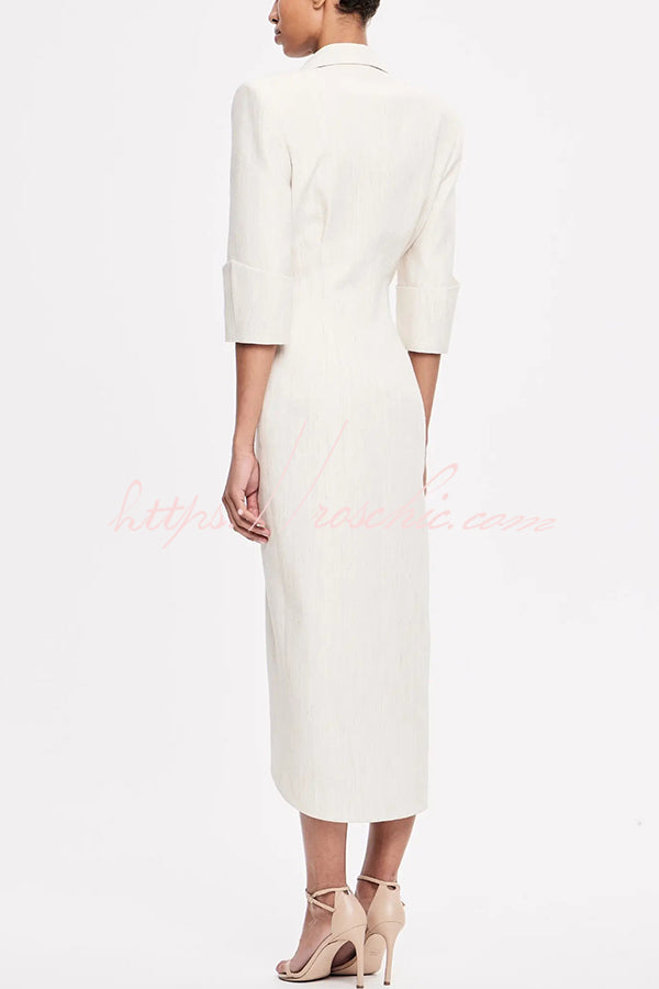 Elegant Look Linen Blend Stand Lapel Neck Half Sleeve Side Button Midi Dress