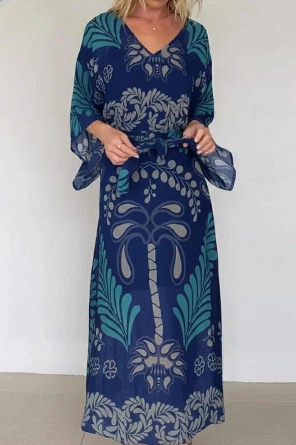 loose fitting chiffon dresses Bohemian Style Unique Printed Chiffon Loose-fitting Belted Maxi Dress, Blue / L