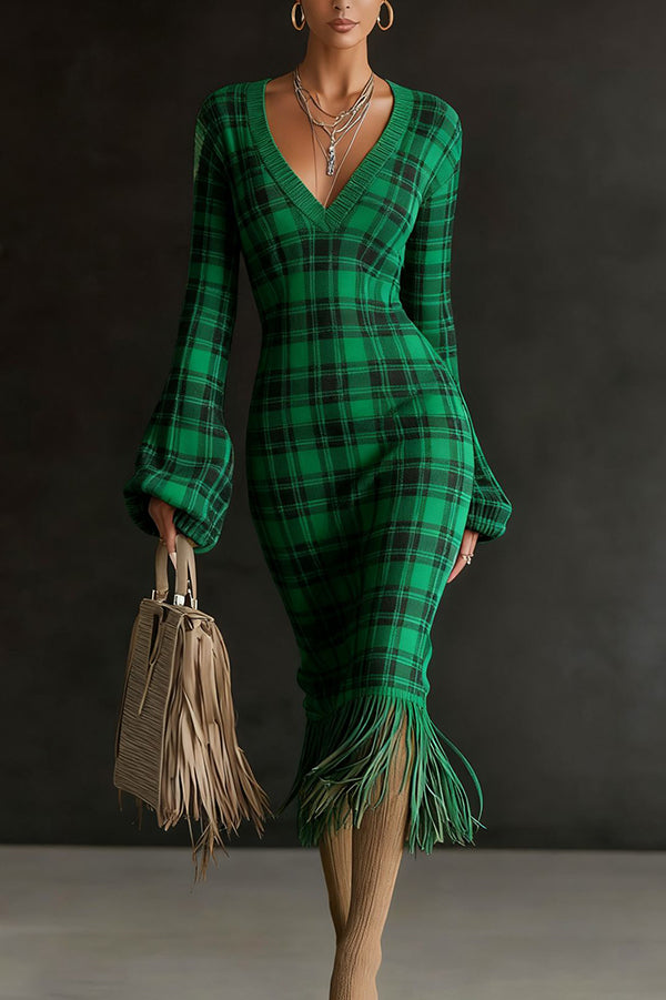 Unique Printed V-neck Long-sleeved Elegant Tassel Hem Midi Dress