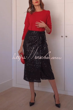 Crushing on You Sequin High Rise Wrap Tie-up Slit Midi Skirt