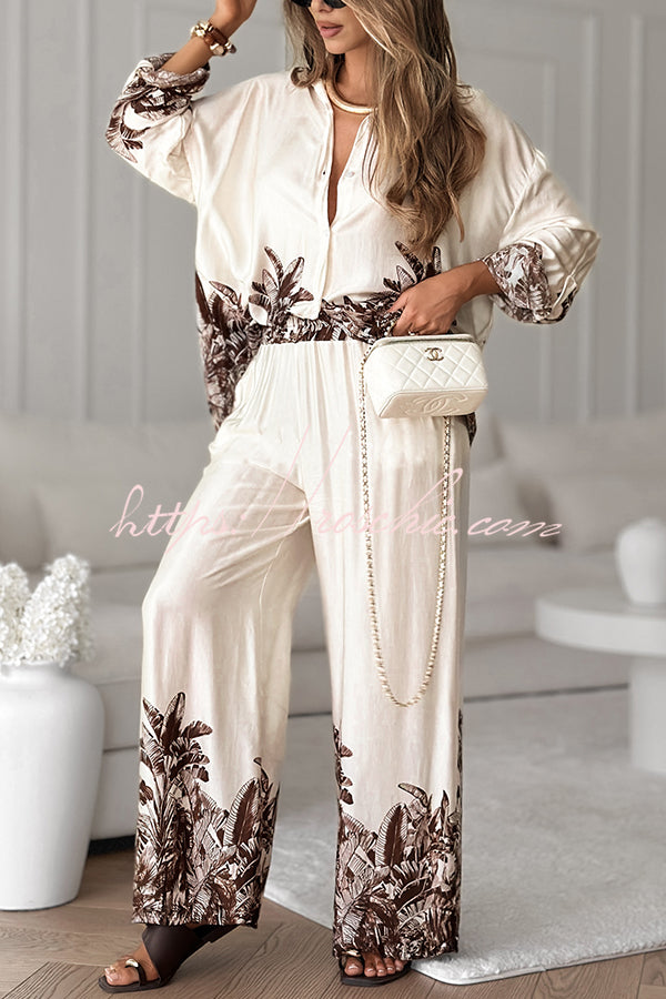 Botanical Print Loose Long-sleeved Shirt and Elastic Waist Pocket Casual Wide-leg Pants