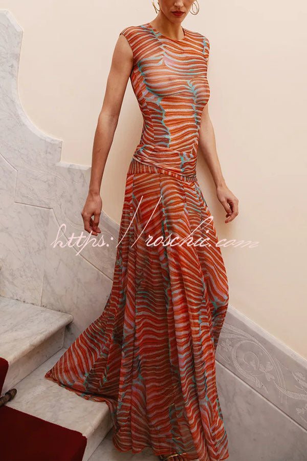Bella Stretch Mesh Unique Print Bodysuit and High Rise Elastic Waist Maxi Skirt Set