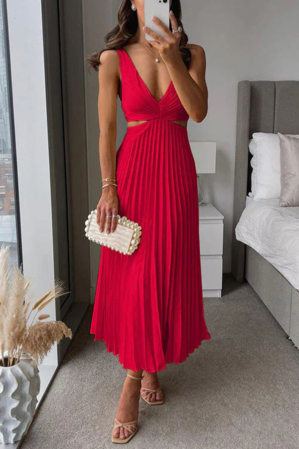 Summer Social Stain Pleated Cutout Waist Loose Midi Dress