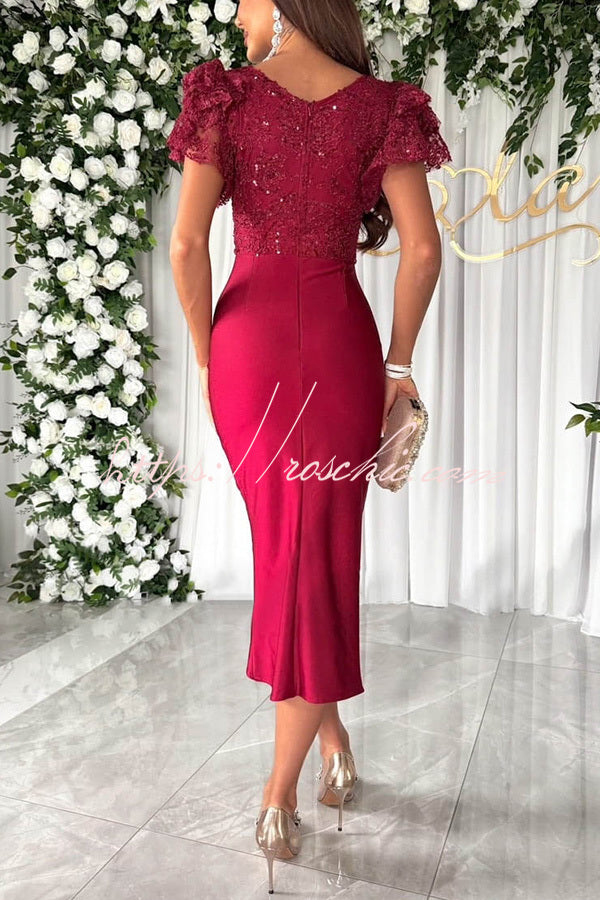 Dreamy Luxury Lace and Satin Patchwork Ruffle Sleeve Ruched Midi Dress   roschic