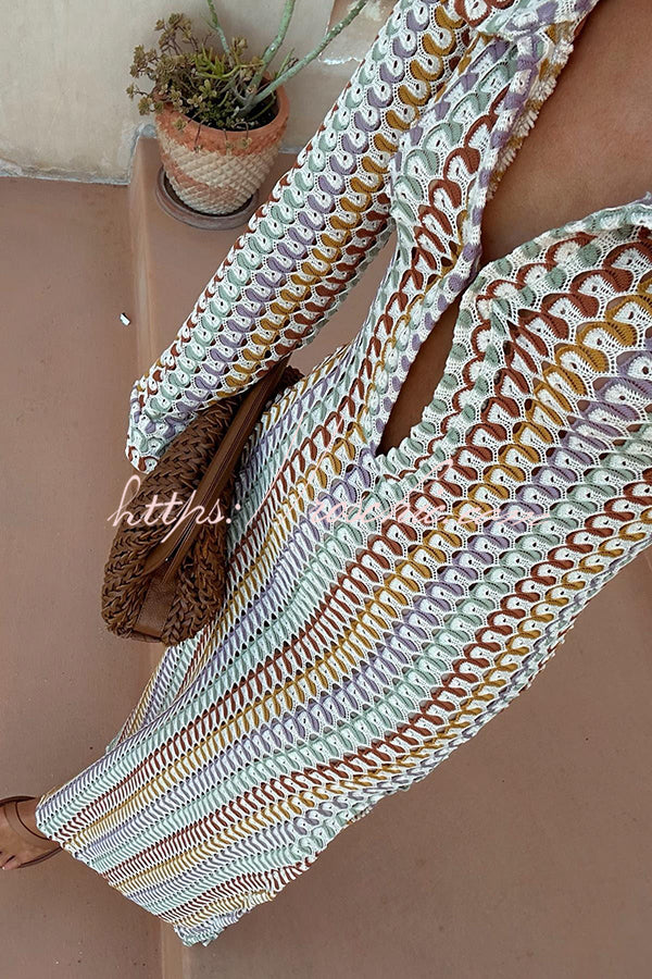 Bondi Beach Knit Colorful Wave Print Long Sleeve Vacation Maxi Dress, Brown / S Bondi Beach Knit Colorful Wave Print Long Sleeve Vacation Maxi Dress, Brown / S