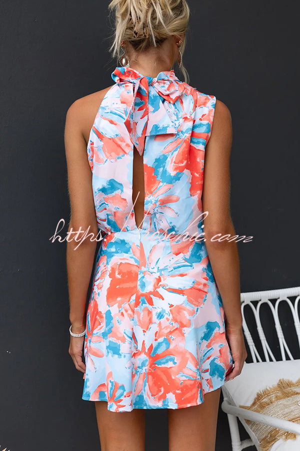 Admire Satin Floral Print High Neck Back Tie-up Mini Dress