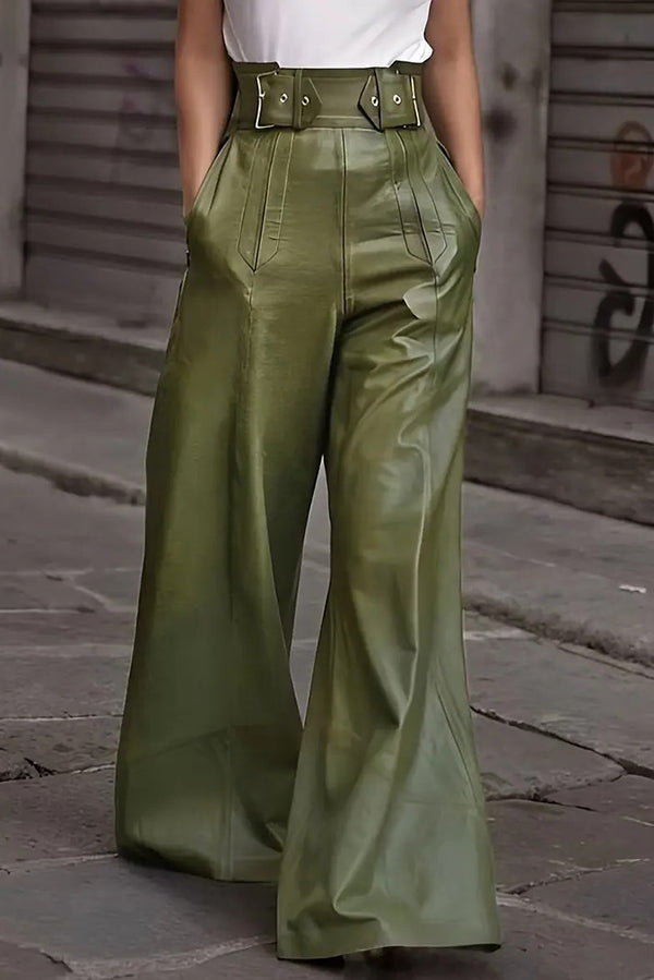 Fashion Leather High Waist Loose Pocket Casual Flared Pants