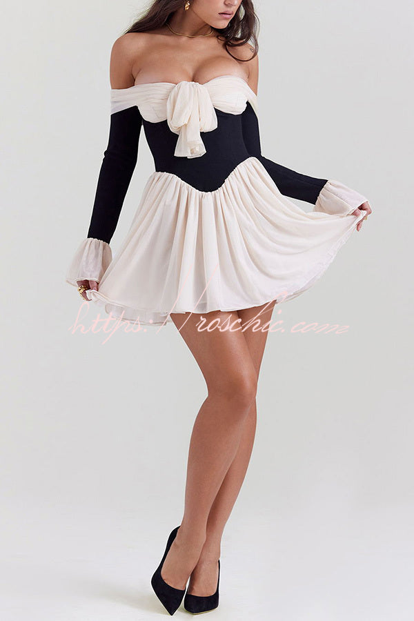 Dreamy Off Shoulder Color Block Bow Long Sleeve Mini Dress