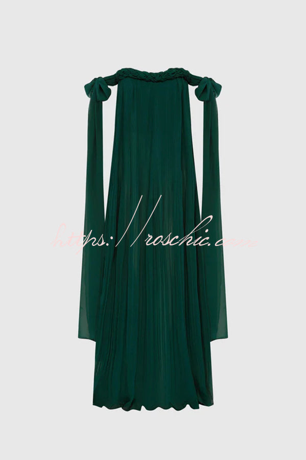 Fairy Spirit Tulle Braided Neckline Tie Arm Straps Pleated Maxi Dress