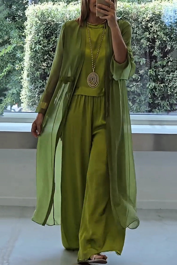 Solid Color Long Cardigan + Round Neck Casual Top and Elastic Waist Wide Leg Pants Three-piece Set