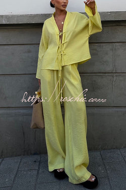 Stylish Loose Tie Shirt and Elastic Waist Wide-leg Pants Set