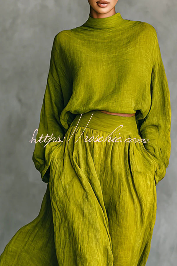Linen Blend Solid Color Loose Long-sleeved Top and High-waisted Casual Pocket Maxi Skirt Set
