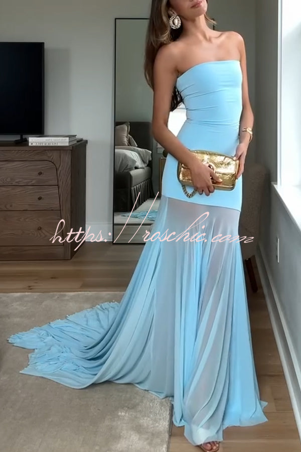 Blue Sky Off Shoulder Contrast Sheer Mesh Fabric Stretch Maxi Dress