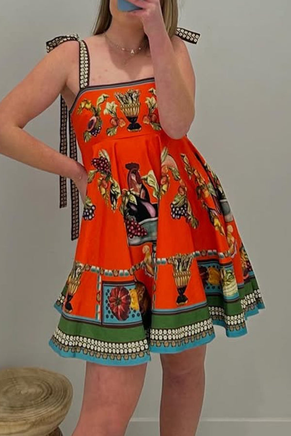 Linen Blend Unique Print Suspender Tie Casual Mini Dress