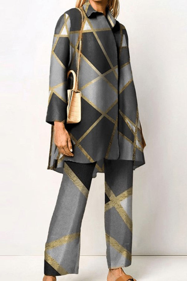 Geometric Print Lapel Long Sleeved Top and Pants Two Piece Set