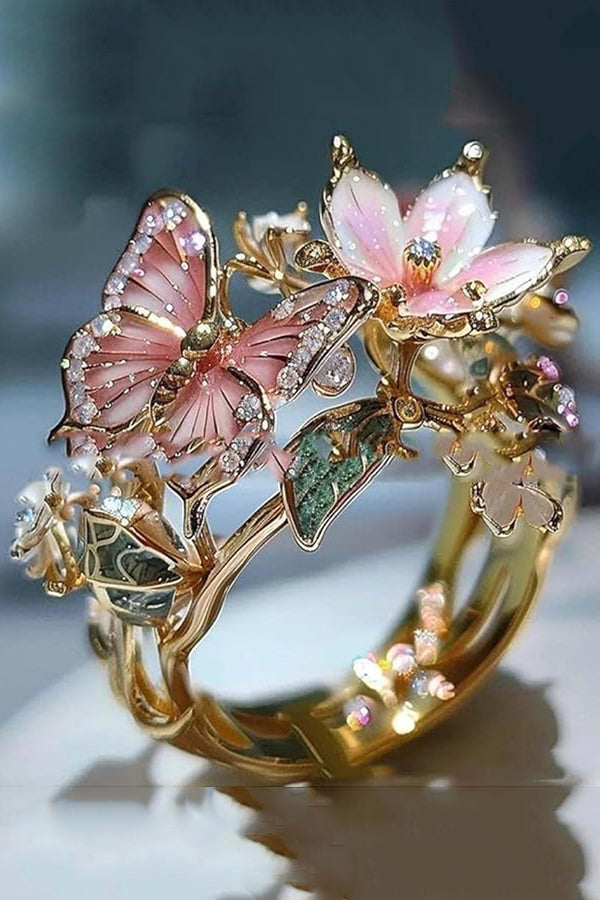 Colorful Butterfly and Flower Decoration Open Ring