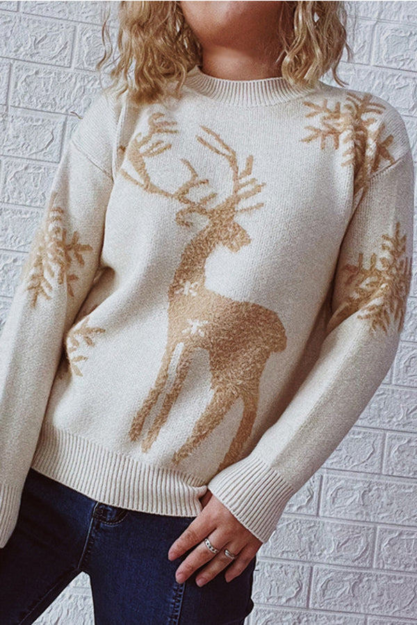 Christmas Pattern Knitted Crew Neck Long Sleeved Sweater