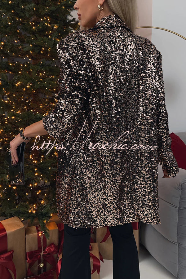 Chic Party Season Sequin Button Long Sleeve Lapel Oversized Blazer Jacket