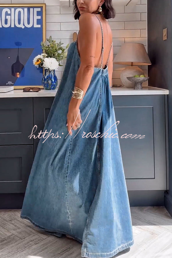 Tenaya Denim Back Elastic A-line Loose Slip Maxi Dress