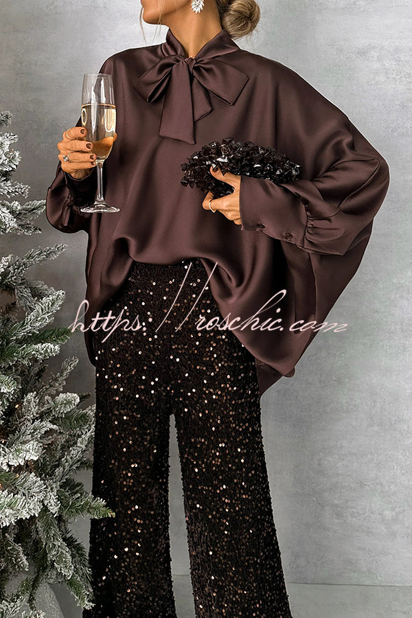 Chic and Merry Satin Bow Neck Batwing Sleeve Loose-fitting Blouse