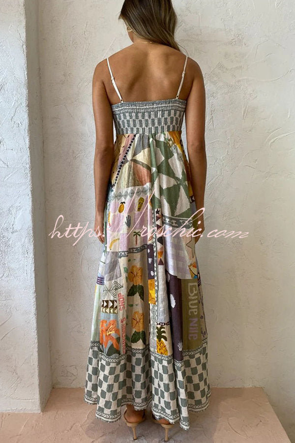 Wonderful Weekend Linen Blend Unique Print Smocked Back Pocketed Midi Dress